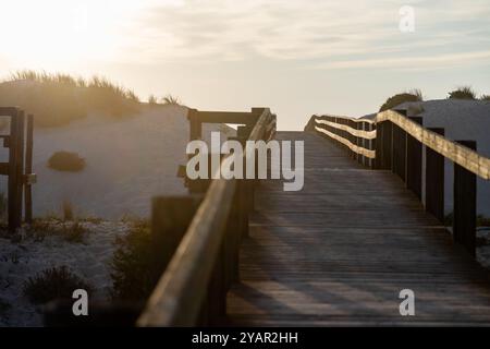 Eine hölzerne Promenade zwischen den Sanddünen führt bei einem wunderschönen Sonnenuntergang zum Meer, mit einem sanften goldenen Licht, das den Pfad beleuchtet. Stockfoto