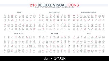 Spielzeug und Ausrüstung für Spiele, Musik und Sport, Feiertage und Geburtstagsfeier. Mode Parfüm und Make-up Kit, Hotel Service dünne schwarze und rote Umrisssymbole Vektor Illustration Stock Vektor