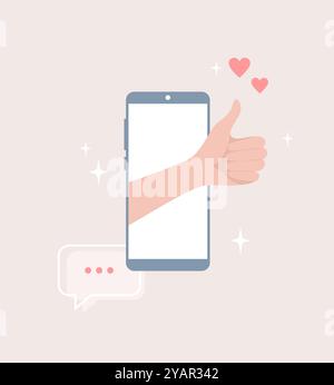 Menschliche Hand zeigt die Daumen nach oben auf dem Smartphone-Bildschirm. Illustration des flachen Vektors Stock Vektor