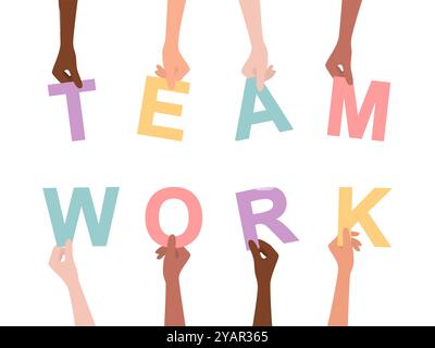Hände von Menschen verschiedener Nationalitäten und Hauttöne, die mehrfarbige Buchstaben hochhalten und das Wort Teamwork bilden, isoliert auf weißem Hintergrund. F Stock Vektor