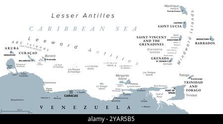 Hurrikanfreie Karibikinseln, graue politische Karte. Die Leeward Antillen und die Windward Islands sind vor Hurrikanen am sichersten. Stockfoto