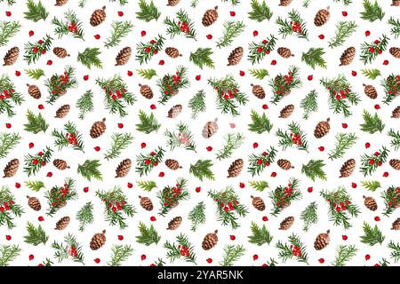 Weihnachtlicher Hintergrund basierend auf einem nahtlosen Muster. Nadelzweige, Kegel, rote künstliche Beeren, Thuja-Zweige. Stockfoto