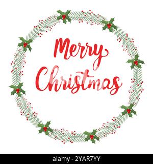 Weihnachtskranz mit handgeschriebener Merry Christmas Inschrift Stock Vektor