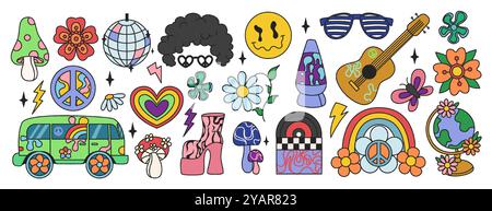 Retro positive Vibe 70er Jahre, Carton Grafikset, Ästhetik und Symbole 70er Jahre Groovige Vibe-Aufkleber Stock Vektor