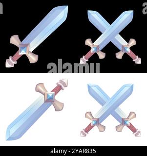 Mittelalterliches Schwert im realistischen 3D-Zeichentrickstil isoliert auf schwarzem und weißem Hintergrund, universelle Passform für verschiedene Hintergründe, 3D-Zeichentrickschwert, Ikone fo Stock Vektor