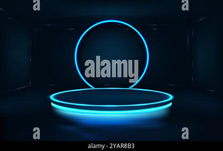 Futuristisches Zimmer mit rundem Neonpodium und einer runden Neonlampe Stock Vektor