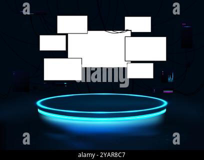 Futuristisches, dunkles 3D-Cyberpunk-Studio mit rundem Neon-Plattform, Monitoren und Bildschirmen Stock Vektor