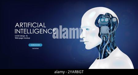 Android-Roboter 3D mit KI auf blauem Hintergrund. Künstliche Intelligenz Stock Vektor