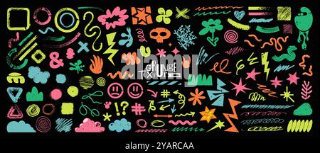 Kritzeleien und abstrakte Grunge-Elemente. Minimalistische Formen, Retro Vibe 00er, 90er Jahre Stock Vektor