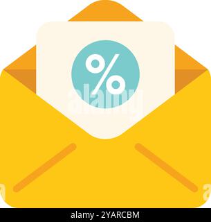 Öffnen Sie den gelben Umschlag mit weißem Papier und blauem Prozentsymbol für Rabatt und Werbeaktion Stock Vektor