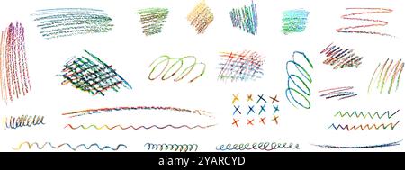 Set mit naiven, verspielten Formen, die mit Wachsmalstift zeichnen. Kinder Holzkohle handgezeichnet bunte Kritzelkratzer. Kollektion aus Textmarker in Pastellfarben Stock Vektor