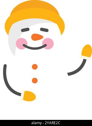 Lächelnder Schneemann, der mit einem gelben Hut und Fäustlingen winkt Stock Vektor