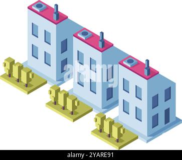 Drei isometrische Gebäude mit Bäumen bilden eine Reihe auf hellem Hintergrund, ideal für architektonische Infografiken Stock Vektor