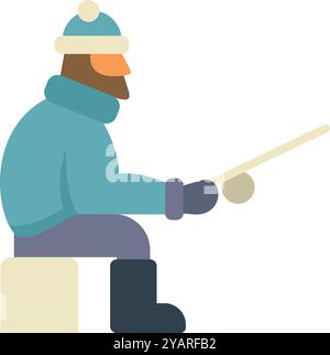 Fischer, der warme Kleidung trägt, sitzt auf einem Eisblock und hält eine Angelrute Stock Vektor