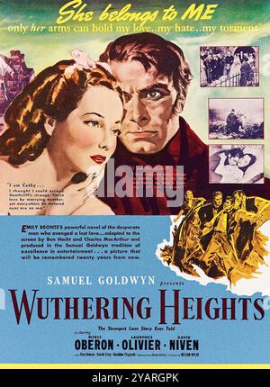 Wuthering Heights (1939) von William Wyler mit Merle Oberon, Laurence Olivier und David Niven. Die Kinoadaption des klassischen Romans von Emily Brontë über eine dem Untergang geweihte Liebe, die gegen die grausamen Moore Yorkshires spielt, in dem Heathcliff Rache sucht, nachdem Cathy einen anderen heiratet. Foto eines original vollständig restaurierten Herald-Posters aus dem Jahr 1939 aus dem Pressemappe. Quelle: BFA / United Artists Stockfoto