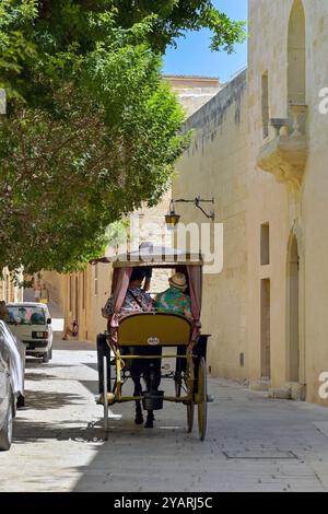 Mdina, Malta - 4. August 2023: Touristen reiten in einem Pferdewagen durch eine der engen Gassen der Altstadt von Mdina Stockfoto