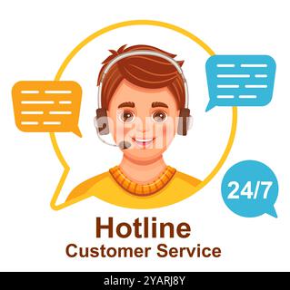 Hotline Kundendienst Service Operator, Online Call Center Telefonassistent, Client Helpline Dispatcher Kontakt. Man Consultant mit Headset-Vektor Stock Vektor