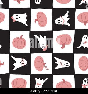 Nahtloses Vektormuster mit niedlichen Halloween-Geistern und Kürbissen auf schwarz-weißem Schachbrett. Vektorabbildung Stock Vektor
