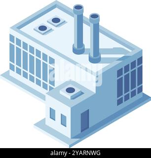 Isometrisches Industriebau, das eine Produktionsanlage darstellt, mit Rohren auf dem Dach. Perfekt für die Präsentation von Konzepten in der Schwerindustrie Stock Vektor