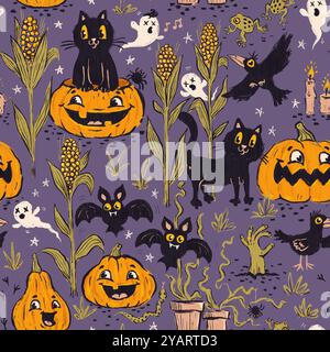 Lustiges Halloween-Vintage-Muster im Retro-Cartoon-Stil. Niedliche schwarze Katzen, Kürbisse und Fledermäuse für die Halloween-Party. Stockfoto