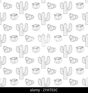Drei Kakteen, mexikanisch, blühend und große Wohnung mit Triebe im Doodle-Stil. Einfaches, nahtloses Muster. Vektorabbildung. Stock Vektor
