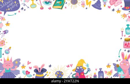 Horizontales Banner auf weißem Hintergrund für Kinder mit magischem Partyrahmen. Rahmen mit einer farytailen Katze, einem fantastischen Kaninchen und einem Frosch. Handgezeichnetes Set magischer Tiere Stock Vektor
