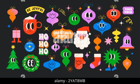 Frohe Weihnachten, Sammlung lustiger Karikaturen, Aufkleber, Illustrationen. Weihnachtsschmuck im modernen Retro-Stil, Weihnachtsmann, Weihnachtsbaum mit lustigen Gesichtern Stock Vektor