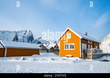 Traditionelles gelbes Rorbu-Haus im Fischerdorf Sakrisoy auf den Lofoten-Inseln, Norwegen. Winterlandschaft mit schneebedeckten Bergen und skandinavischem Cottage. Stockfoto