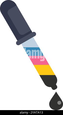 Pipette gefüllt mit cmyk-Prozesstinten, die einen einzelnen schwarzen Tintentropfen abtropfen lassen Stock Vektor