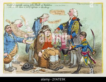 Ein Farbstich von Doktor Sangrado, der John Bull von Repletion aushärtet, Aquarellätzung auf Papier im 19. Jahrhundert, erstellt von James Gillray, antikes Druckkunstwerk menschliche Karikaturen, satirischer Druck politischer Zeichentrickfilm, anglo-französische Beziehungen Stockfoto