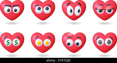 3D Rote Herzen 3D mit Gesichtern. Liebe emotionale Symbole, süßes Comicherz mit großen Augen. Lustiges romantisches Gesicht, überraschende Geldsterne im Auge, Vektor-Set Stock Vektor