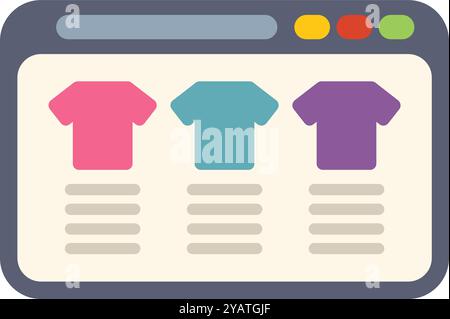 Diese Vektor-Illustration zeigt eine Website, die T-Shirts online verkauft, ein Konzept für E-Commerce und Online-Shopping Stock Vektor