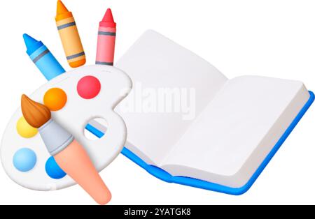 3D-Zeichenwerkzeuge 3D-Symbole. Weiße Kunststoff-Farbpalette, Pinselstifte und geöffnetes leeres Skizzenbuch. Kunststudio-Workshop-Szene, lebendiger realistischer Vektor Stock Vektor