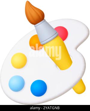 3D-Farbpalette und Pinsel, Malmittel 3D-Symbol. Zeichenwerkzeug, weiße Kunststoffpalette mit Farbpunkten. Isolierter realistischer Rendervektor Stock Vektor