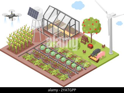 Smart Farm Isometrische Szene. Landwirtschaftlicher Komplex mit moderner Solaranlage, Windmühle und Drohne zur Bewässerung. Moderne Technologien in der Landwirtschaft makellos Stock Vektor