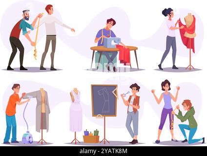 Schneider. Junge weibliche und männliche Schneiderinnen, die modische Kleider exakte Vektor-Zeichentrickfiguren machen Stock Vektor