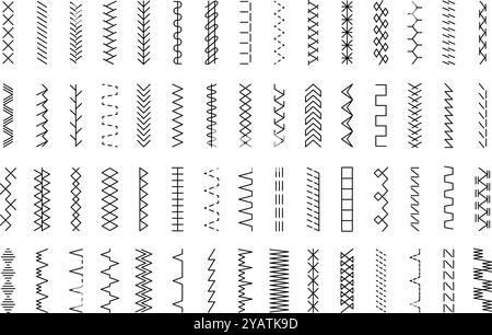 Sticknähte. Nähmaschine Linien verschiedene Zierformen Trenner und Ränder aktuelle Vektor Stiches Vorlagen Set Stock Vektor