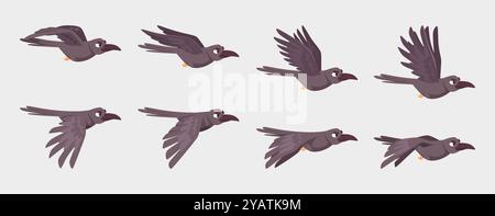Krähen fliegen. Keyframe Animation fliegenden Gothic Birds 2D Sequenz exakte Vektor-Comic-Vorlagen für Spieldesign-Projekte Stock Vektor
