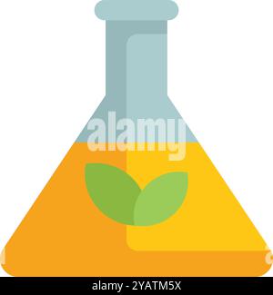 Laborglas mit einer gelben Flüssigkeit und zwei Blättern, die natürliche Inhaltsstoffe darstellen Stock Vektor