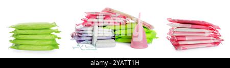 Menstruationsbecher, Tampons und Pads isoliert auf weiß. Hygieneprodukte für Frauen Stockfoto