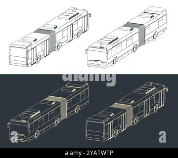 Stilisierte Vektorillustration von isometrischen Blaupausen der artikulierten Stadt ​​bus Stock Vektor