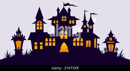 Gruselige Halloween Spukhaus Silhouette Mit Leuchtenden Fenstern. Stock Vektor