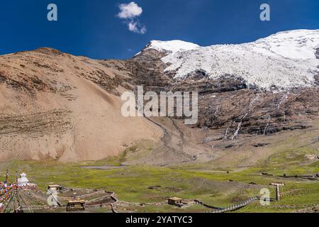 Ein Bild des Karo-la-Gletschers (Berg Noijin Kangsang) aus dem Jahr 2019 in Tibet, der aufgrund der globalen Erwärmung rasch zurückgeht. Stockfoto