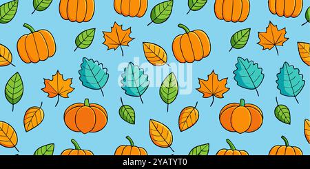 Buntes Herbstlaub- und Kürbismuster auf blauem Hintergrund, das eine fröhliche, festliche Herbstatmosphäre hervorruft. Stock Vektor