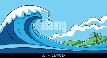 Die Tsunami-Welle Stürzt In Der Nähe Der Tropischen Insel Ab. Stock Vektor