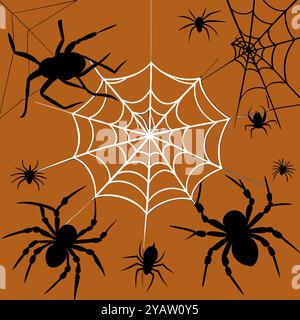 Gruseliges Halloween Spinnennetz-Design auf rotem Hintergrund für Halloween-Motive und gruselige Dekorationen. Stock Vektor