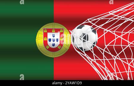 Portugal Flagge mit einem Fußball im Netz. Fußballtor. Vektorabbildung. Stock Vektor