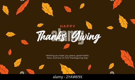 Happy Thanksgiving Day Banner und Hintergrund. Fröhlicher Urlaub umgeben von Herbstblättern und Kürbisvektorillustration. Vielen Dank für die Feier Stock Vektor