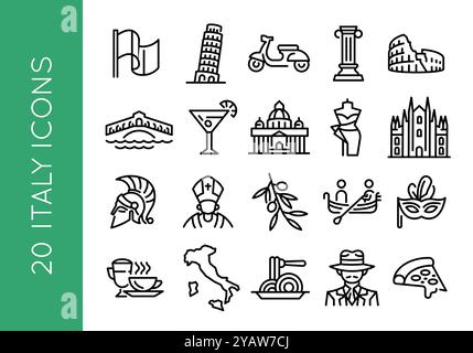 Italien Icons Set - 20 Minimal Line Art Designs Stock Vektor