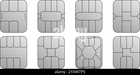 EMV-Chip silberne Vektorsymbole. Legen Sie das nfc-Symbol für die Linie fest. Kontaktlose Bezahlung an Terminals und Geldautomaten. Quadratische Computer-Mikrochips für Kreditkarten. Stock Vektor